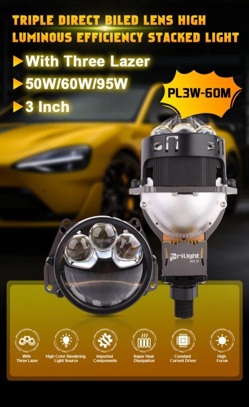 Prilight PL3W-60M 3 Inch50W/60W/95W Lente de proyector de doble bilis láser sin pérdida